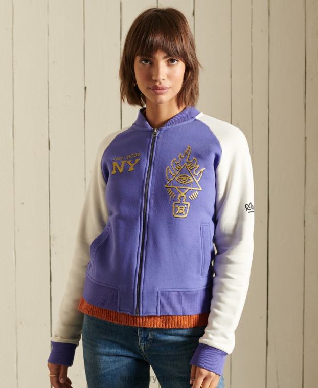 mujer Superdry púrpura chamarra bomber de punto con líneas cruzadas 2R68Z5826