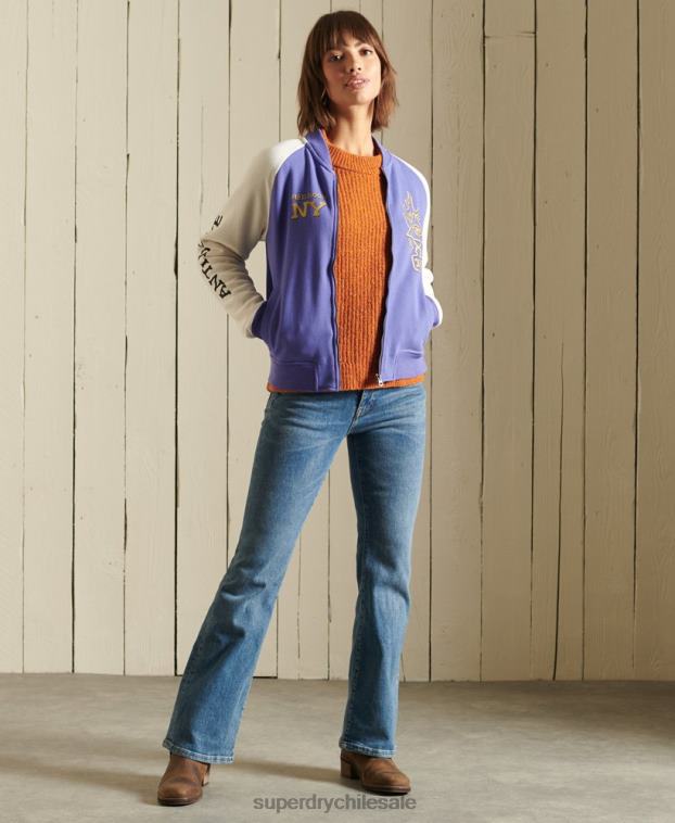 mujer Superdry púrpura chamarra bomber de punto con líneas cruzadas 2R68Z5826