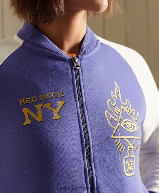 mujer Superdry púrpura chamarra bomber de punto con líneas cruzadas 2R68Z5826