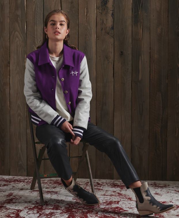 mujer Superdry púrpura chaqueta universitaria de cuero seco de edición limitada 2R68Z5664
