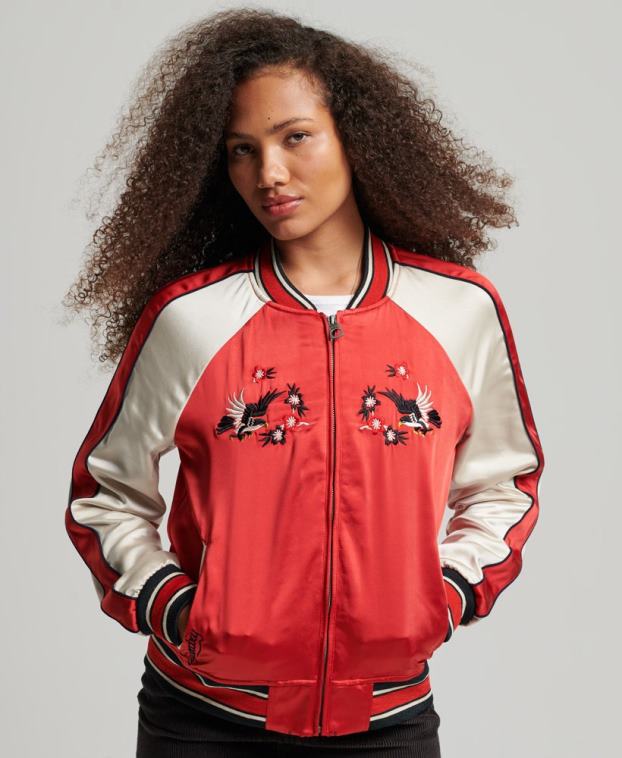 mujer Superdry rojo chaqueta sukajan bordada vintage 2R68Z3517