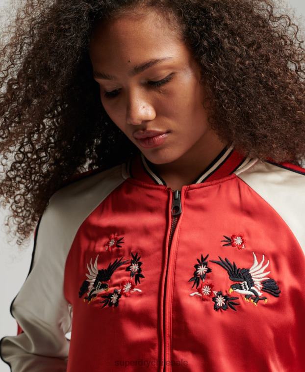 mujer Superdry rojo chaqueta sukajan bordada vintage 2R68Z3517