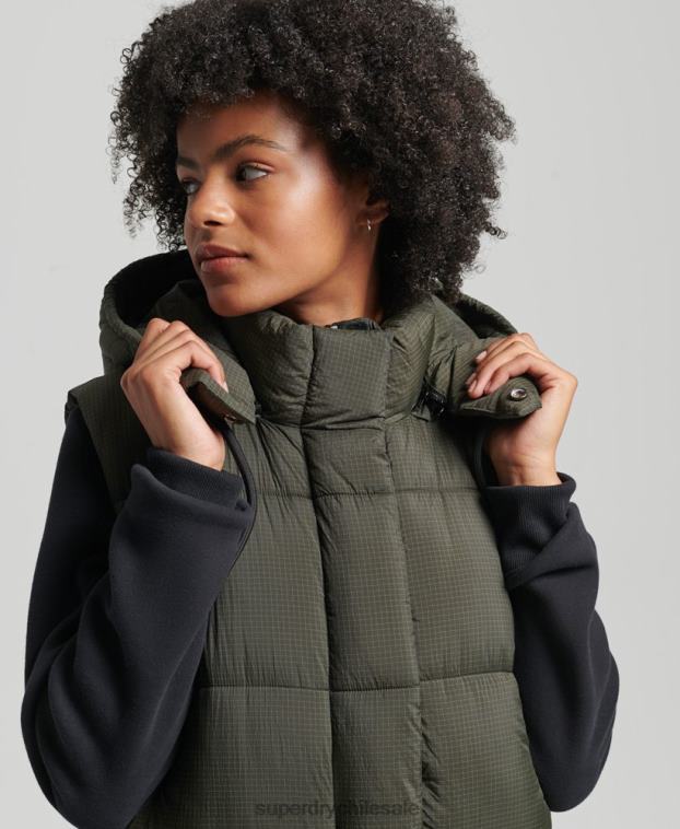 mujer Superdry verde chaleco largo con capucha ripstop 2R68Z3675