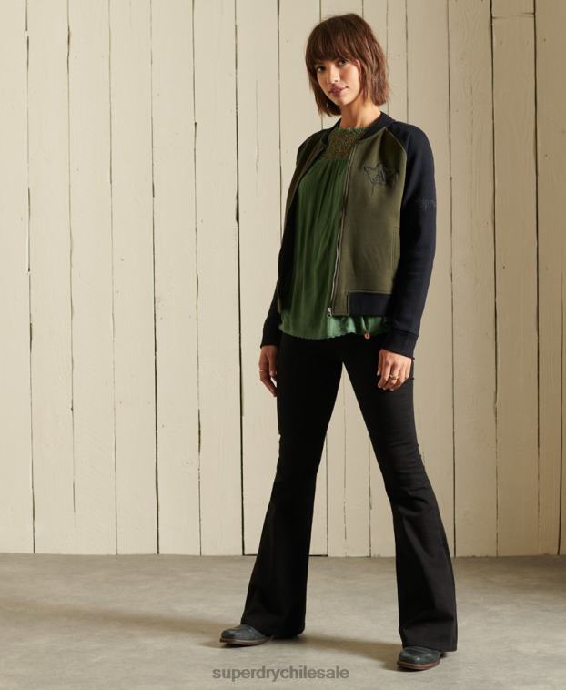 mujer Superdry verde chamarra bomber de punto con líneas cruzadas 2R68Z5827