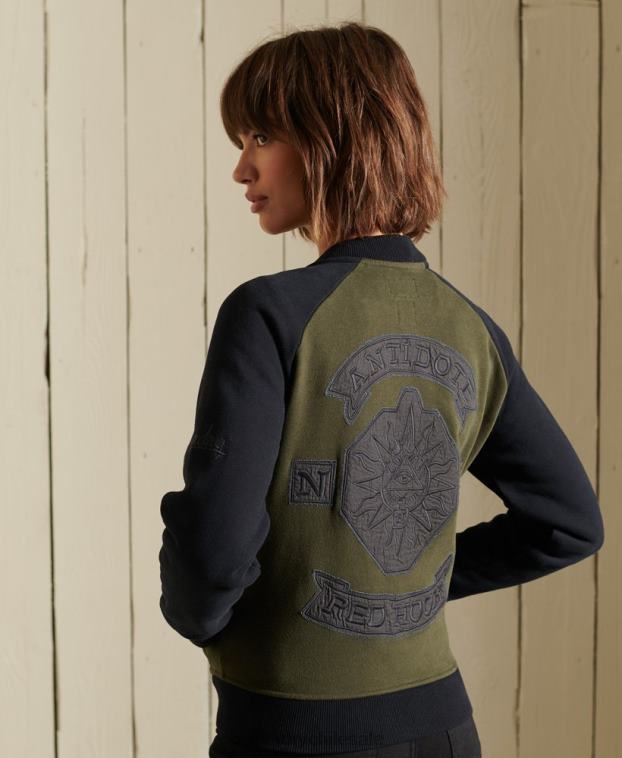 mujer Superdry verde chamarra bomber de punto con líneas cruzadas 2R68Z5827