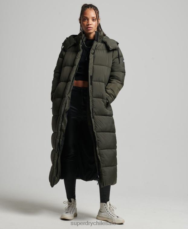 mujer Superdry verde chaqueta acolchada larga con tejido ripstop 2R68Z3755