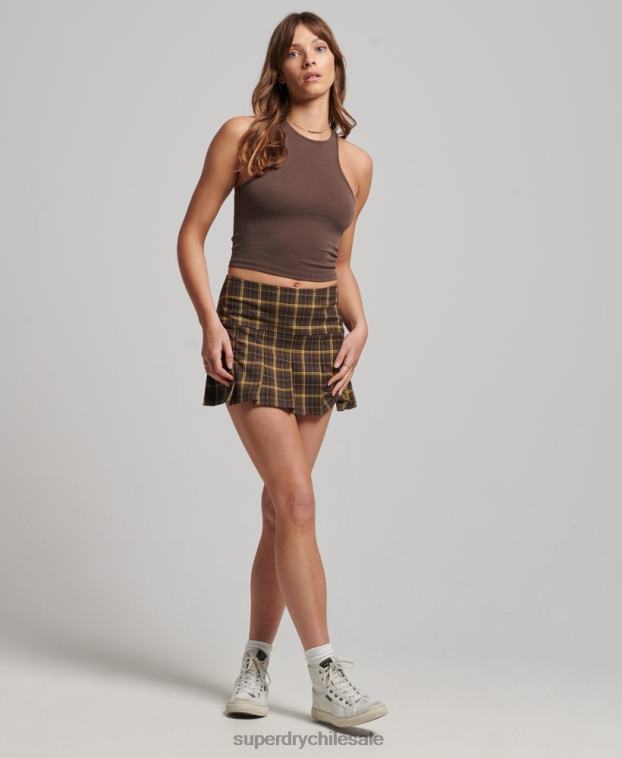 mujer Superdry marrón falda de cuadros con 1/2 pliegue 2R68Z4124