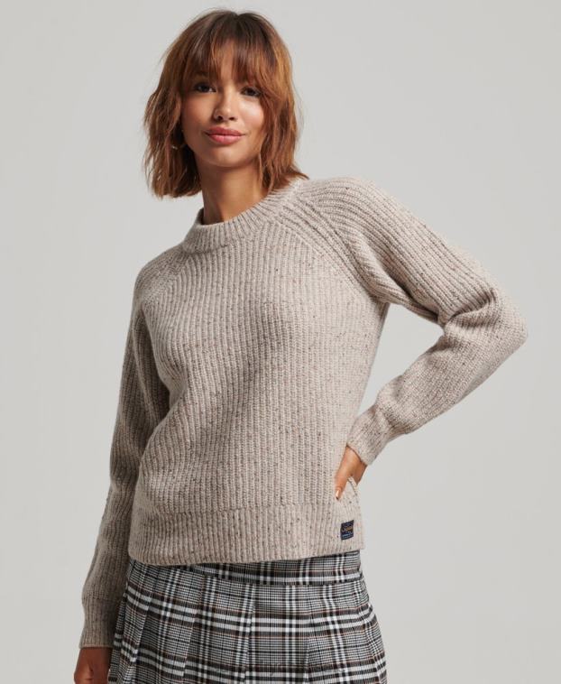 mujer Superdry beige jersey de canalé de tweed con cuello redondo 2R68Z3974
