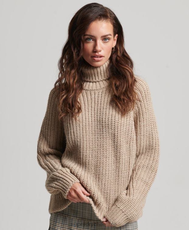 mujer Superdry beige jersey de punto con cuello vuelto y costuras holgadas 2R68Z3986