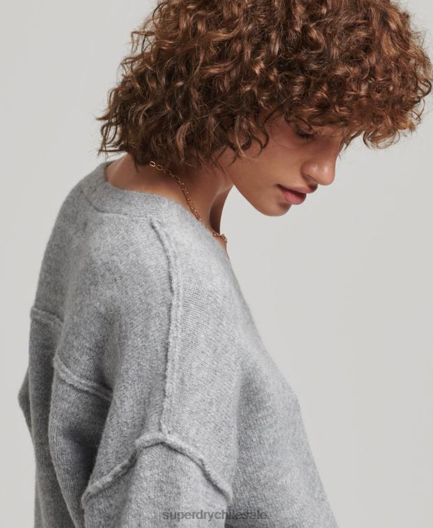 mujer Superdry gris claro suéter oversize con cuello en V 2R68Z3990
