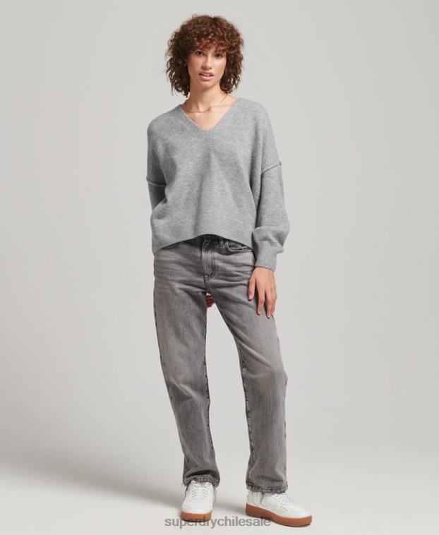 mujer Superdry gris claro suéter oversize con cuello en V 2R68Z3990