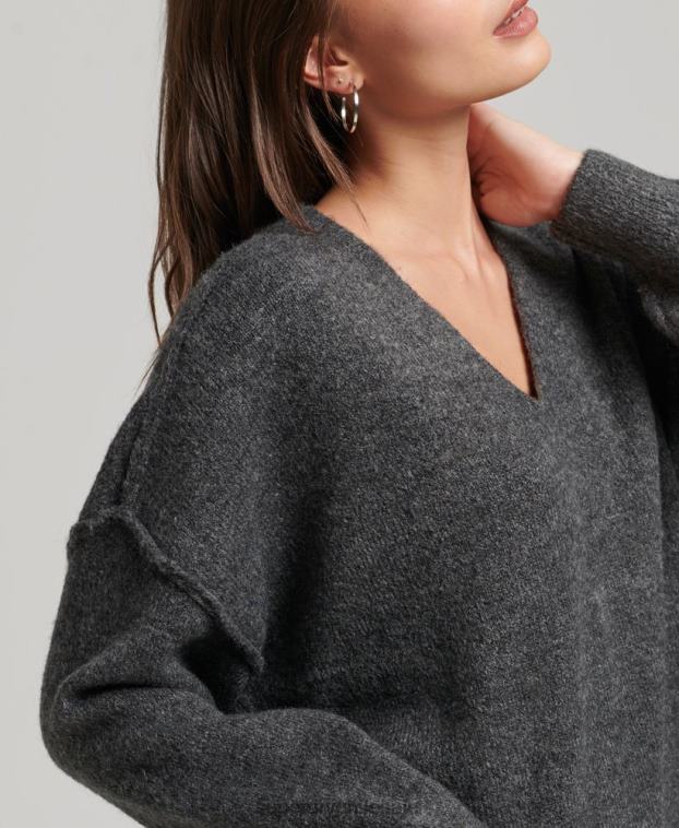 mujer Superdry gris oscuro suéter oversize con cuello en V 2R68Z3982