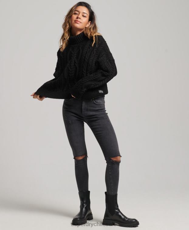 mujer Superdry negro jersey de ochos con cuello de polo 2R68Z3976