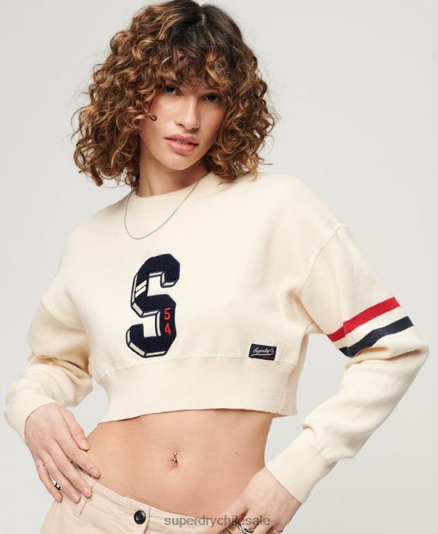 mujer Superdry blanco suéter corto con cuello redondo Varsity 2R68Z3954