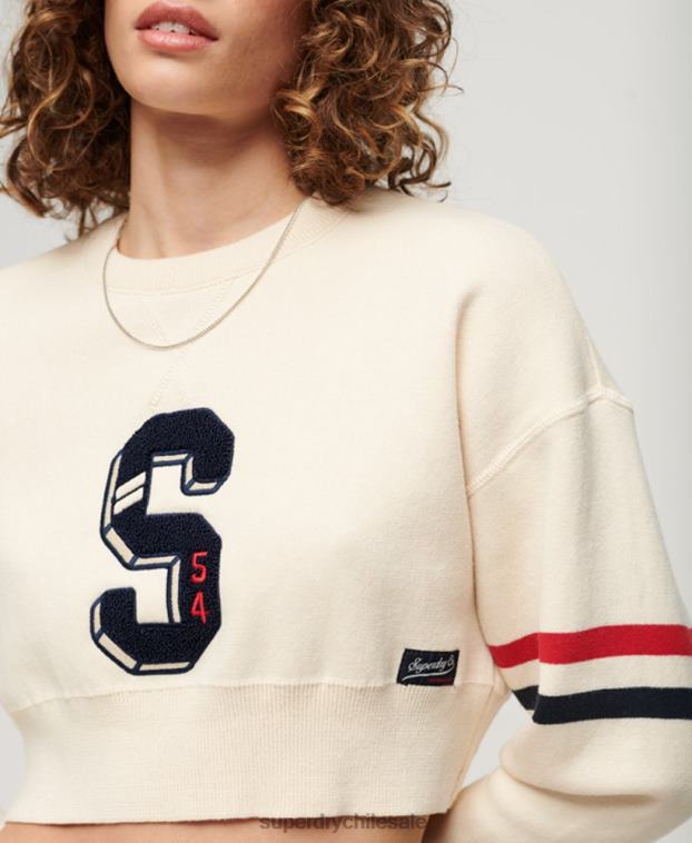mujer Superdry blanco suéter corto con cuello redondo Varsity 2R68Z3954