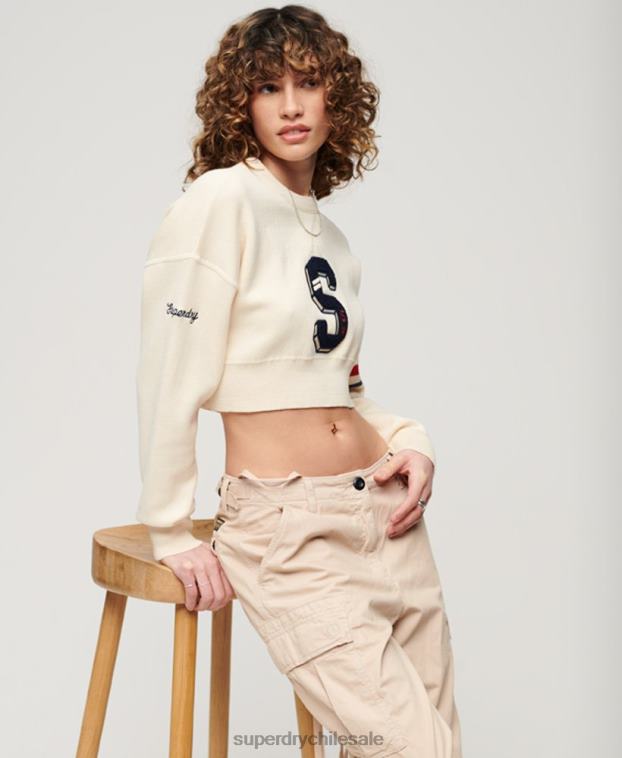 mujer Superdry blanco suéter corto con cuello redondo Varsity 2R68Z3954