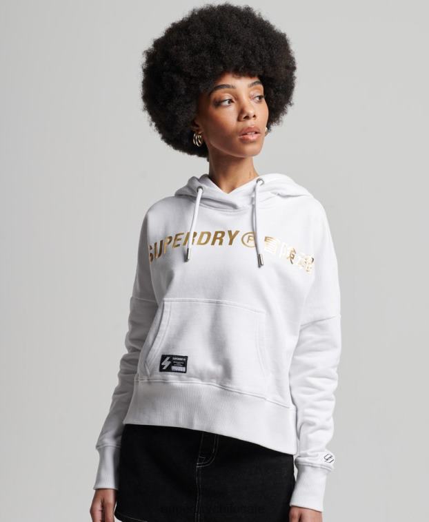 mujer Superdry blanco sudadera corta con capucha y logo independiente 2R68Z5844