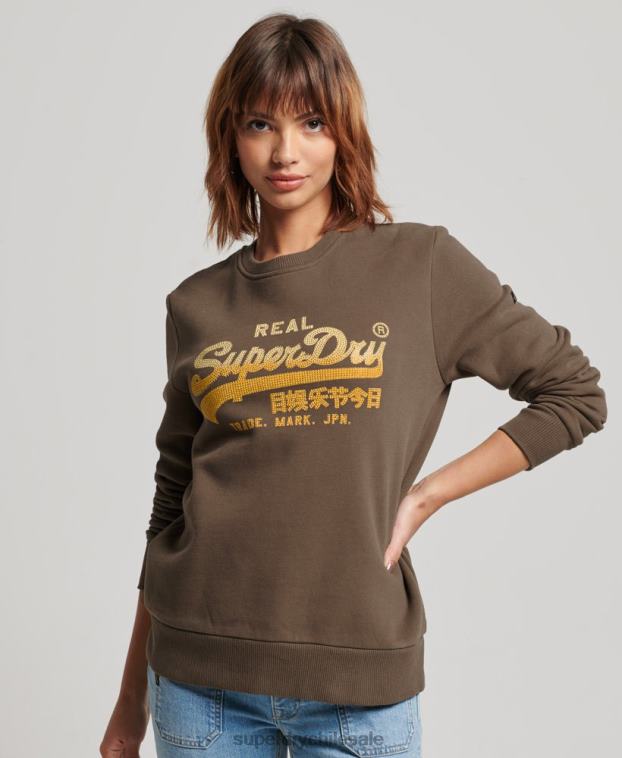 mujer Superdry caqui sudadera con cuello redondo y logo vintage 2R68Z3323