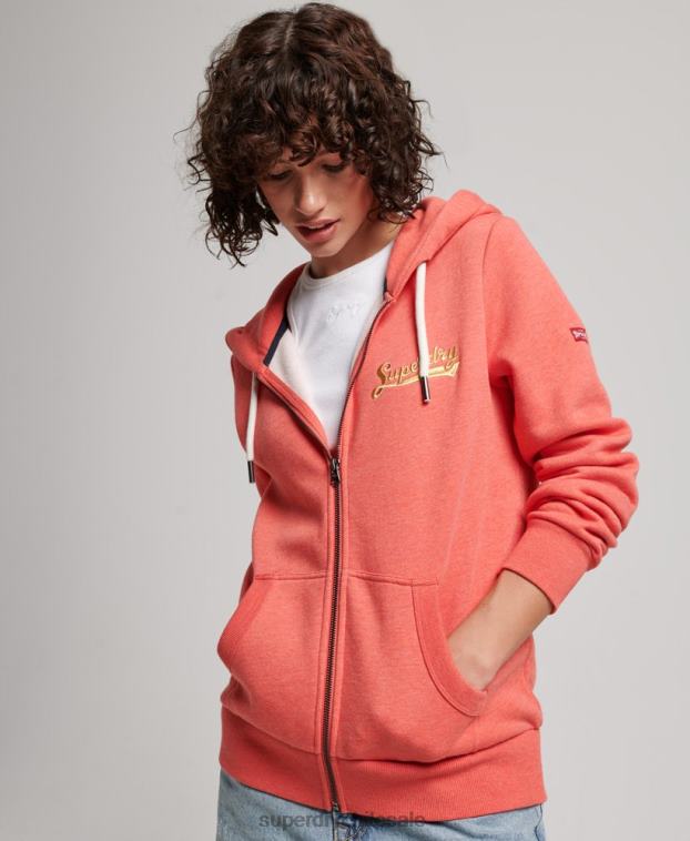 mujer Superdry coral sudadera con capucha y cremallera con texto vintage 2R68Z3374