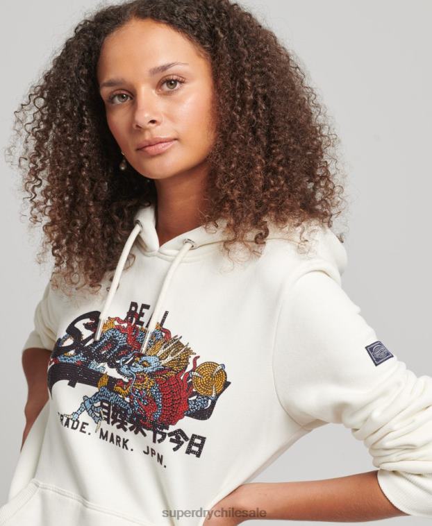 mujer Superdry crema sudadera con capucha y logo vintage con strass 2R68Z6083