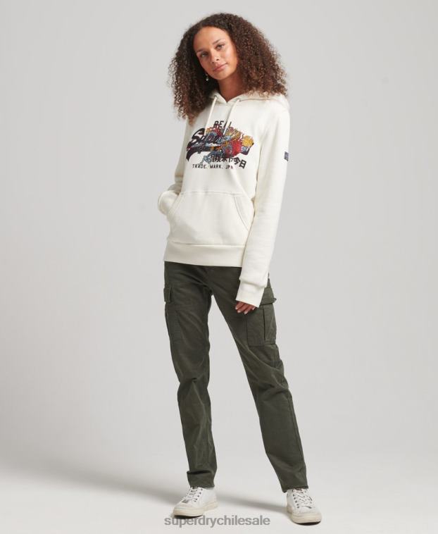 mujer Superdry crema sudadera con capucha y logo vintage con strass 2R68Z6083