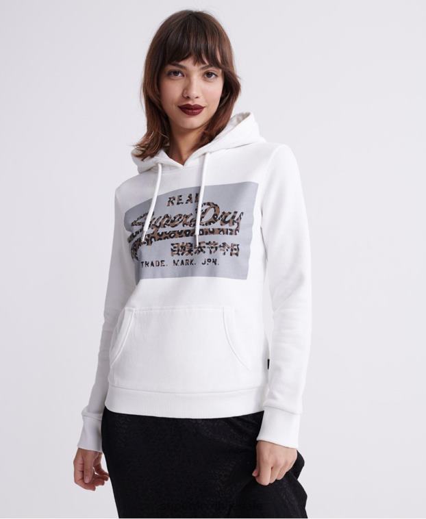 mujer Superdry crema sudadera con capucha y logo vintage reflectante 2R68Z3511