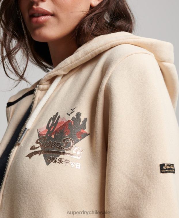 mujer Superdry crema sudadera con cremallera y logo vintage 2R68Z2179