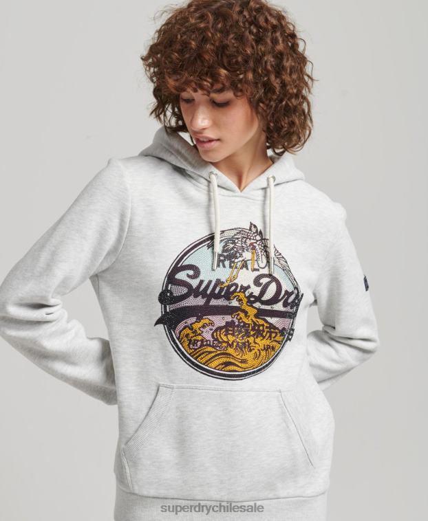 mujer Superdry gris claro sudadera con capucha y logo vintage con strass 2R68Z5863