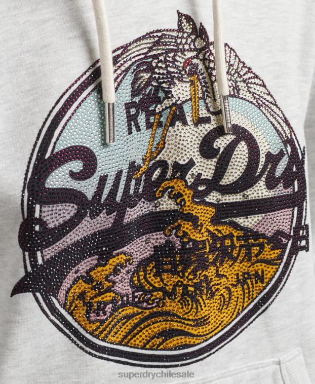 mujer Superdry gris claro sudadera con capucha y logo vintage con strass 2R68Z5863