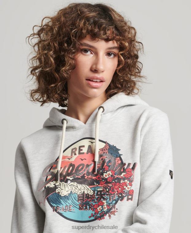 mujer Superdry gris claro sudadera con capucha y logo vintage japonés 2R68Z3389