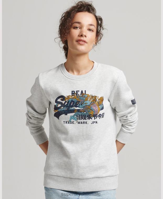 mujer Superdry gris claro sudadera con detalle de pedrería y logo vintage 2R68Z5982