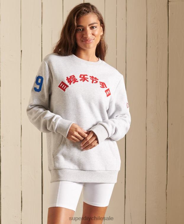 mujer Superdry gris claro sudadera extragrande con cuello redondo y logo vintage 2R68Z6143