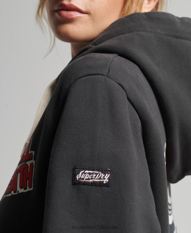 mujer Superdry gris oscuro sudadera con capucha vintage de líneas cruzadas 2R68Z3447