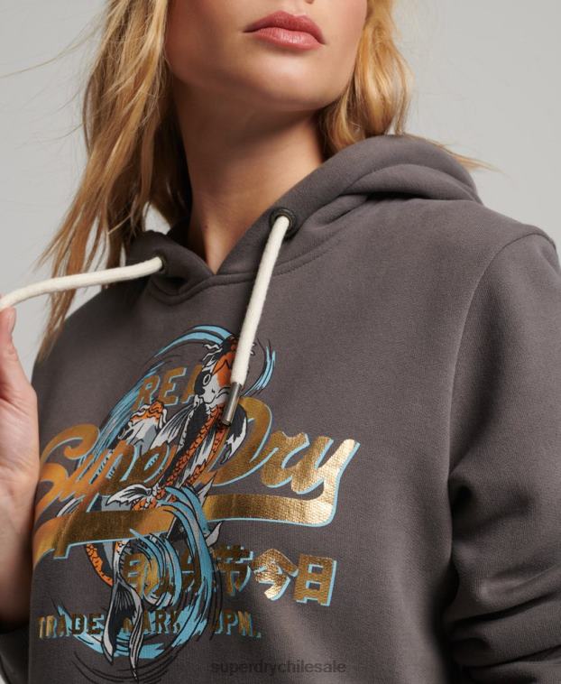 mujer Superdry gris oscuro sudadera con capucha y logo vintage japonés 2R68Z3306