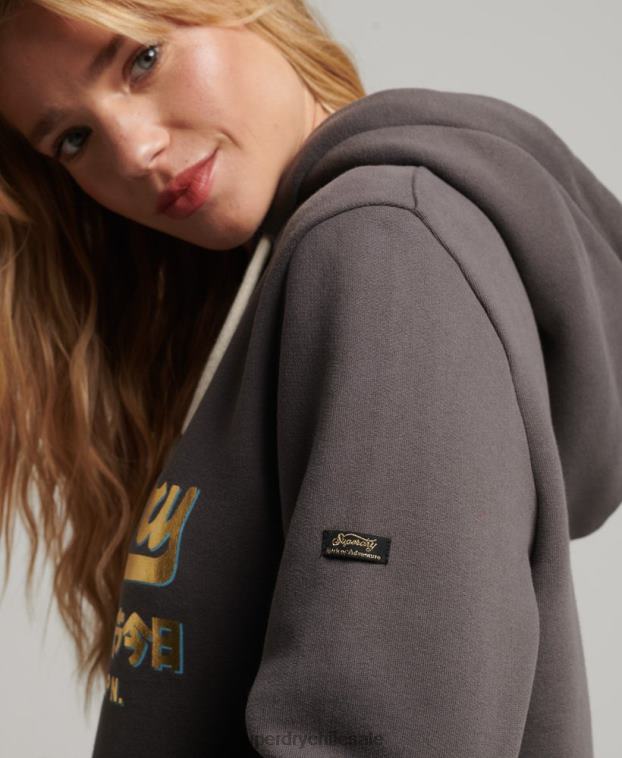 mujer Superdry gris oscuro sudadera con capucha y logo vintage japonés 2R68Z3306