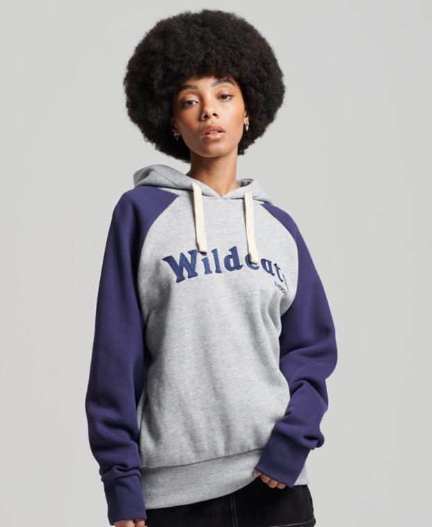 mujer Superdry gris sudadera con capucha raglán colegial vintage 2R68Z5778
