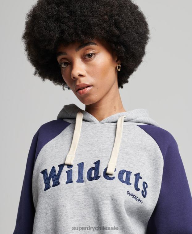 mujer Superdry gris sudadera con capucha raglán colegial vintage 2R68Z5778