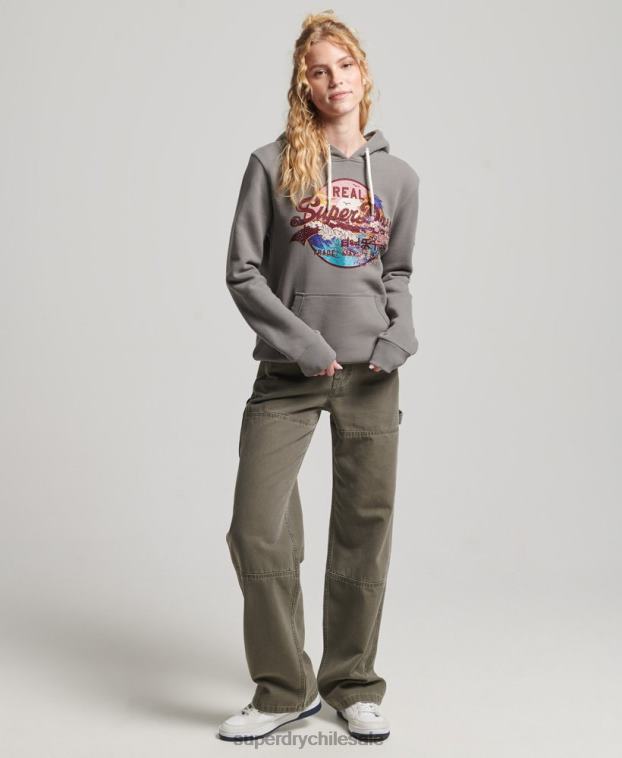 mujer Superdry gris sudadera con capucha y logo gráfico japonés 2R68Z5753