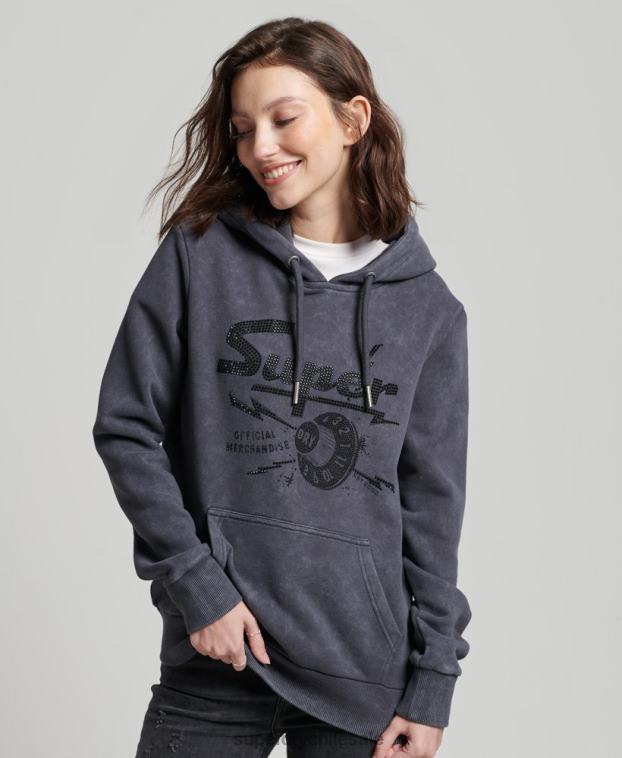 mujer Superdry negro sudadera con capucha de la tienda de merchandising vintage 2R68Z3367