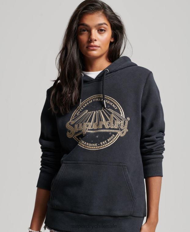 mujer Superdry negro sudadera con capucha de la tienda de merchandising vintage 2R68Z3368