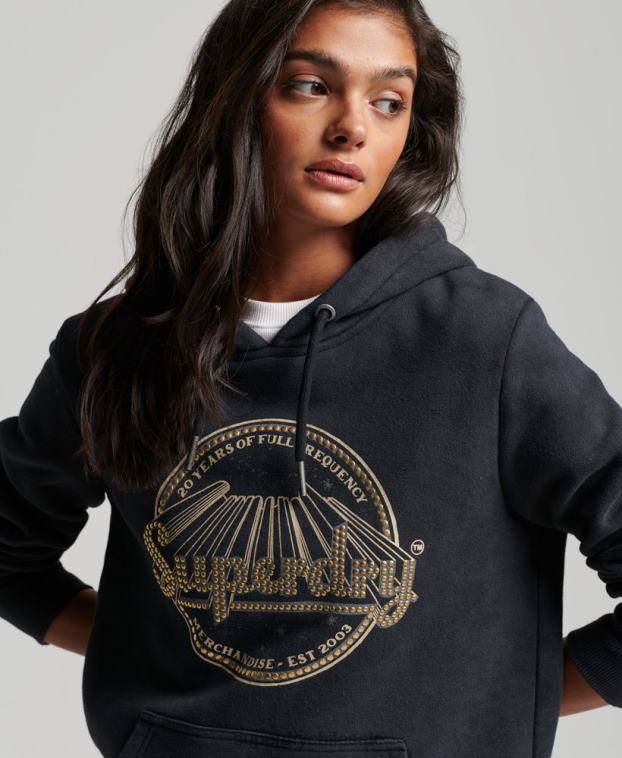mujer Superdry negro sudadera con capucha de la tienda de merchandising vintage 2R68Z3368