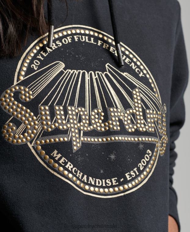 mujer Superdry negro sudadera con capucha de la tienda de merchandising vintage 2R68Z3368