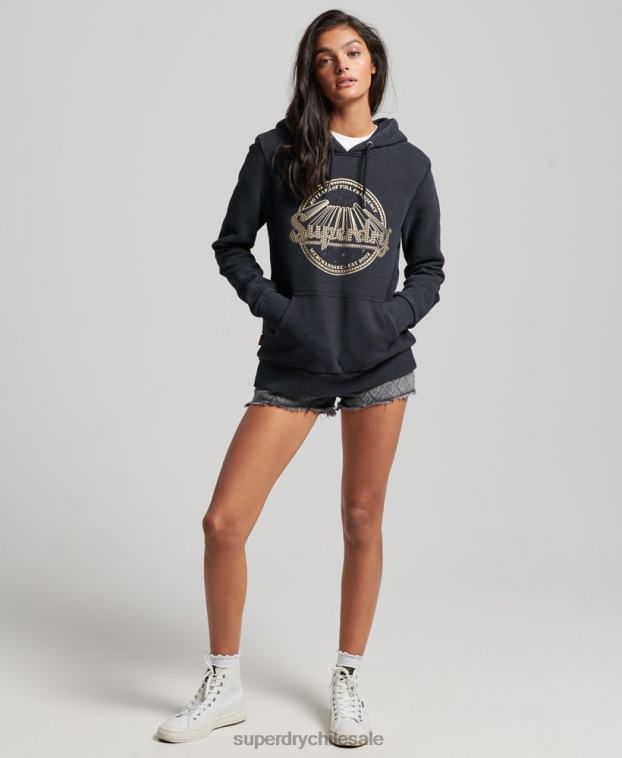 mujer Superdry negro sudadera con capucha de la tienda de merchandising vintage 2R68Z3368