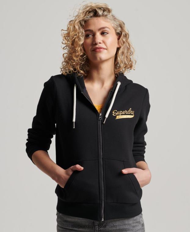 mujer Superdry negro sudadera con capucha y cremallera con texto vintage 2R68Z2293
