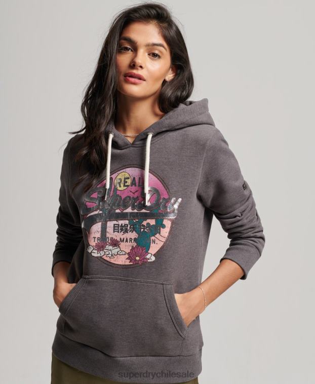 mujer Superdry negro sudadera con capucha y logo vintage 2R68Z2305
