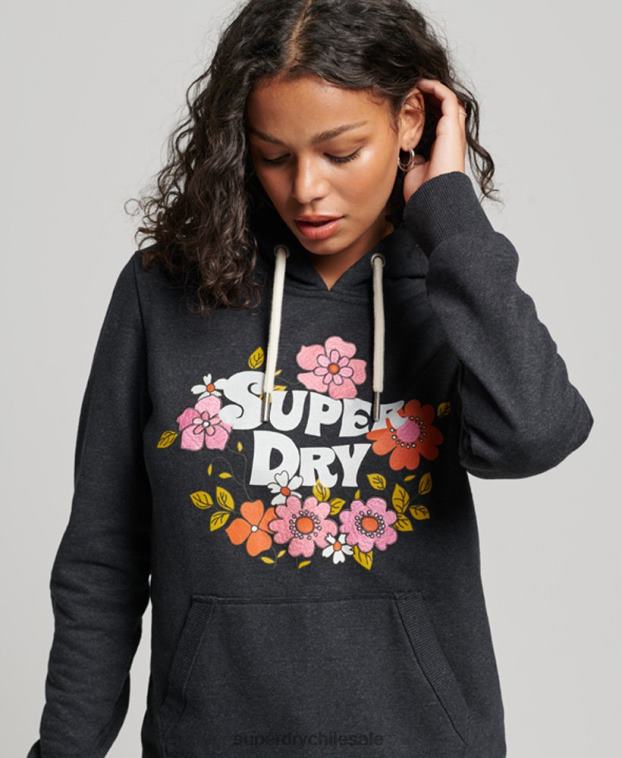 mujer Superdry negro sudadera con capucha y motivo floral vintage 2R68Z3461