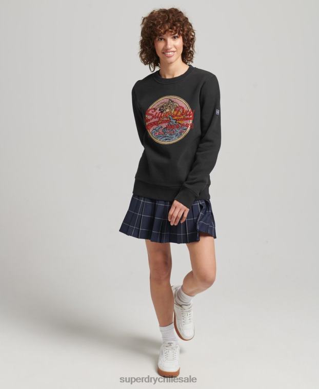 mujer Superdry negro sudadera con detalle de pedrería y logo vintage 2R68Z5772