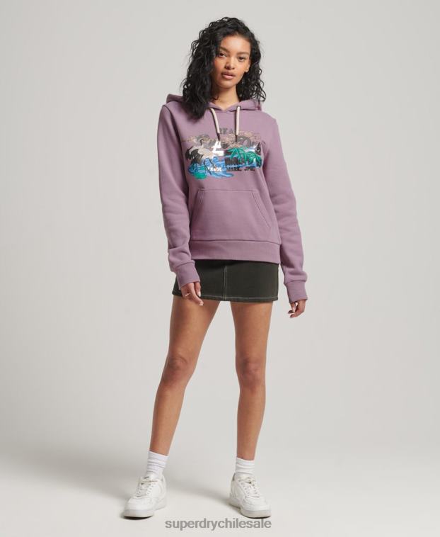 mujer Superdry púrpura sudadera con capucha y logo vintage japonés 2R68Z3403
