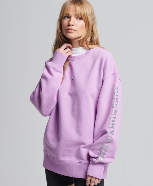 mujer Superdry púrpura sudadera extragrande con cuello redondo y logo de código 2R68Z3451