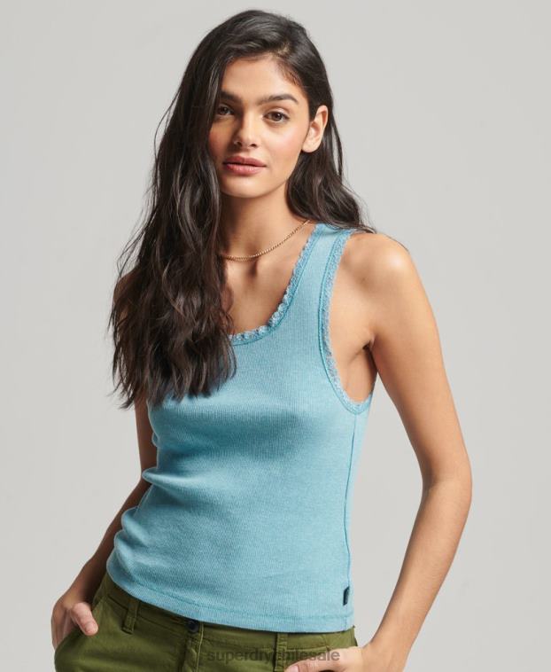 mujer Superdry azul camiseta sin mangas con ribete de encaje 2R68Z2339